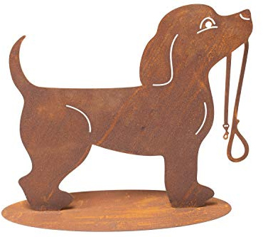 Manufaktur Lichtbogen Rost Gartenfigur Hund mit Hundeleine Edelrost Gartendekoration Metall