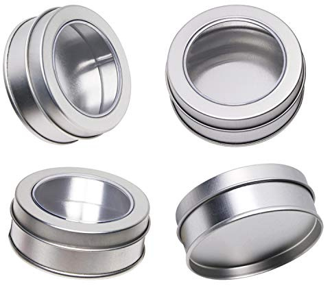 Mini Skater 2 Ounce Clear Top Window Metal Tin Cans High Grade of Transparency Round Empty Box Containers with Lid for Candies,Bead, Balms and Jewelry,4PCS (Silver)