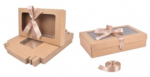 Emartbuy Pack of 12 Brown Gift Boxes Clear Window Medium-Large 27x16x6 cm | With Gold Satin Ribbon Recyclable Kraft Presentation Box for Hampers, Treats, Weddings & Favours
