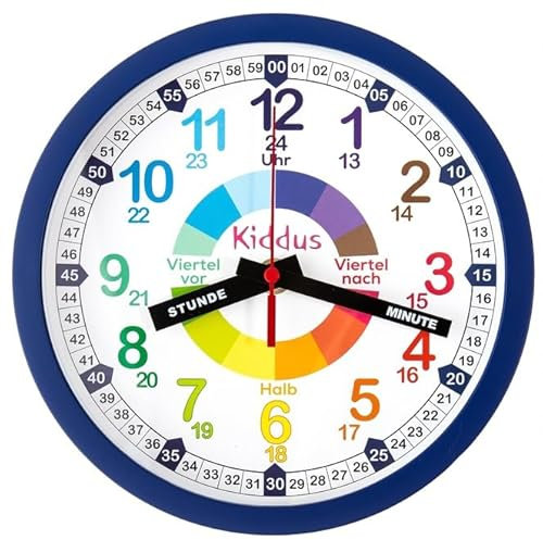 Kiddus Kinder Wanduhr, Jungen und Mädchen, Analoger Lernuhr mit Zeitlernübungen, Kinderwanduhr Ohne Ticken, Kinderzimmer Lautlose, Schule, Uhrzeiger Deutsch
