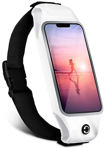moex Handy Laufgürtel für iPhone 12 mini Lauftasche Jogging Tasche Wasserdicht, Running Belt Touch Fenster leicht, Laufgurt Handytasche zum Joggen Bauchtasche Sport, Weiß
