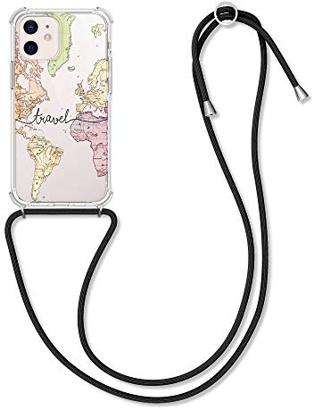 kwmobile Necklace Case kompatibel mit Apple iPhone 12 mini Hülle - Silikon Cover mit Handykette - Schwarz Mehrfarbig Transparent Travel Schriftzug