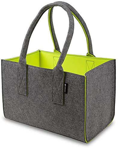 Tebewo Shopper Filztasche Premium 5mm, große Einkaufs-Tasche mit Henkel, Einkaufskorb, faltbare Kaminholztasche zur Aufbewahrung von Holz, dunkelgrau/neongelb