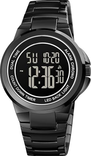 findtime Montre numérique multifonction pour homme - Pour l'extérieur - En métal - Or rose - Minuteur - Éclairage LED - Calendrier, Noir , Bracelet