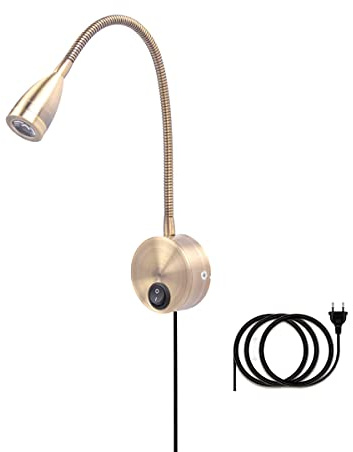 ACMHNC Wandlampe Innen Mit Schalter, 3W LED Schwanenhals Leselampe Wandleuchte Mit Stecker, Warmweiße Bettlampe, Wandhalterung, Bronze Wandspot, 360° Einstellbare Wandbeleuchtung, Kabel 1,8M
