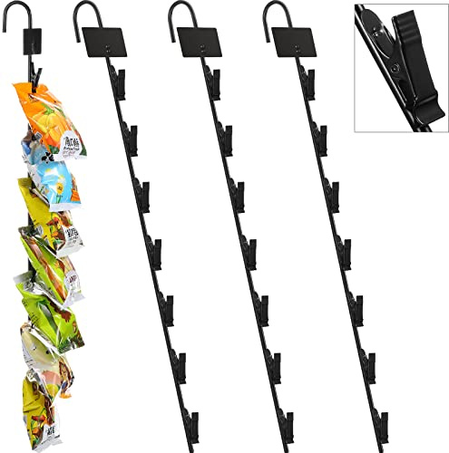 Hotop 4 Pcs Hanging Display Strips for Pub Crisps, Chip Holder Metal, Black | 28 Clips with Label Headers, Bar Snacks Rack for Home Pub Retail Vendors, Concession Stand Wall Mount Organizer