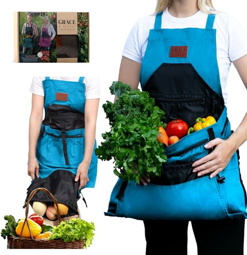 Grace and August Gardening Apron with Pockets for Women & Men - Unique Gardening Gift for Gardeners - Garden Apron 7 Pockets & Internal Drawstring Bag