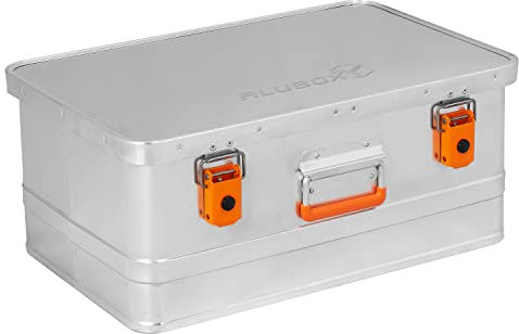 Alubox Werkzeugtruhe Werkzeugkoffer EASY 40 Liter silber Alu glänzend - orange Schnallen - Frontgriff - Außenmaße L 56 x B 37,5 x H 24 cm