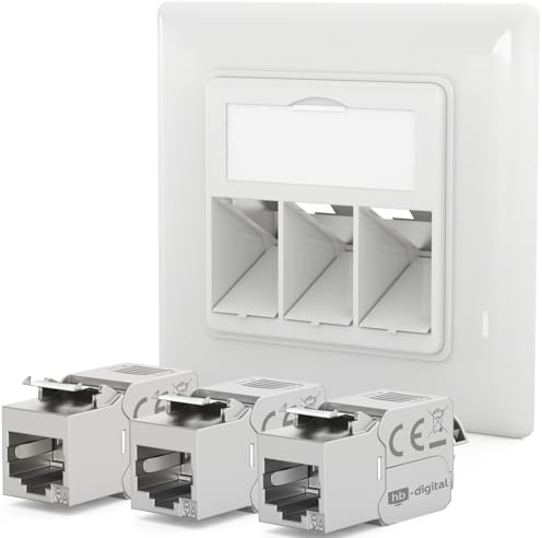 HB-DIGITAL 1 Stück 3-Port Unterputz-Netzwerkdose CAT6a mit Keystone - Weiß | CAT 6a Keystone-Modul mit RJ45-Buchse | 10 Gbit/s | Geschirmt | Werkzeuglose Montage | Für Installationskabel