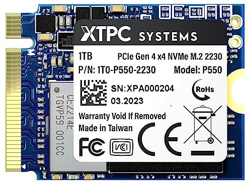 XTPC Systems Unità a lato singolo SSD NVMe PCIe P550 M.2 2230 NVMe da 1 TB Gen 4.0x4, lettura 3500 MB/s, scrittura 2400 MB/s, (aggiornamento per Steam Deck, Microsoft Surface)..