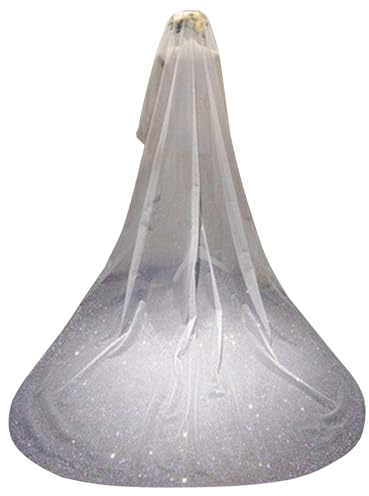 ELAWBTY 1 T Einfarbig Glitzer Tüll Schleier Lang Hochzeit Brautschleier F47, Elfenbein, Chapel length 93(235cm)