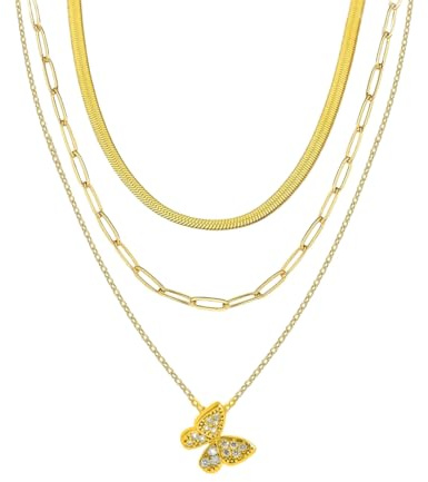 YONVUN Ketten Set Layering Dreifach Halskette Damen aus Edelstahl in Silber, 18k Gold & Roségold, Wasserfest & Hautverträglich mit Anhänger, 40-55 cm Länge verstellbar Schmuck Set Geschenk