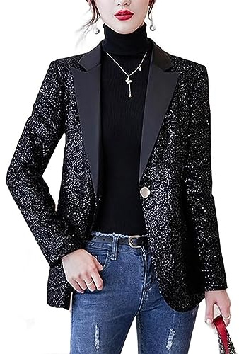 Chaqueta de Esmoquin para Mujer Chaqueta Informal de Manga Larga con Botones de Solapa Chaqueta de Lentejuelas a la Moda para Mujer Abrigo de Vestir Informal de Negocios (Negro,L)