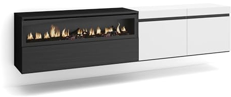 Skraut Home | TV-Schrank, Lowboard | für Wohnzimmer und Esszimmer | 200x45x35cm | Für TV-Geräte bis zu 80 | Elektrokamin. Maße | Hängend | Moderner Stil | Weiß und Schwarz