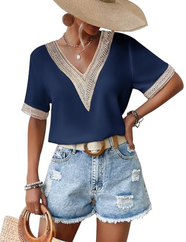 CMTOP Camisa Manga Corta Mujer Elegantes Blusas Mujer Verano Cuello en V Camisetas Camisa de Gase Casual Informal Blusa Color Sólido Tops(Azul Marino, XL)