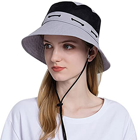 Fischerhut mit süßem Druck, Strandhüte für Damen und Herren, Sonnenhut mit Schnur, breite Krempe, verstellbarer Fischerhut, Sommerhut, sportlich, integriert, verstaubar, grau, Einheitsgröße