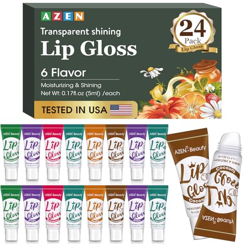 AZEN 24 Pack Lip Gloss Set, Clear Lip Gloss Bulk, Lip Oil for Dry Cracked Lips Moisturizing Hydrating Nourishing with Vitamin E, Mothers Day Gifts for Women