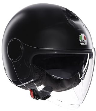AGV - ETERES E2206, Casco da Moto Jet Unisex, Casco Moto Open Face con Anello Antifurto, Visiera Antigraffio e Anti-UV, Tecnologia con Assorbimento Istantaneo del Sudore, Matt Black, XL