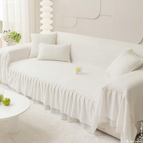 Epinki Sofabezug, 180x380CM Sofahusse 4 Sitzer Einfarbig mit Spitze Muster, rutschfeste Sofaschoner aus EIS Seide für Wohnzimmer Protector & Hunde Haustiere, Weiß