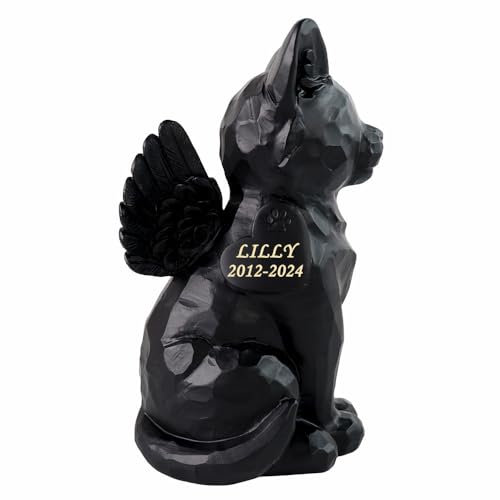 Personalized Black Cat Angel Memorial Garden Statue, Cat Pet Memorial Grave Marker Tribute Statue, with Cat Cremation Urn Features- 7.4inch（H）