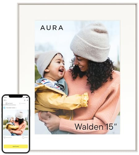 Aura Walden 15 WiFi Digital Picture Frame | Wirecutter's Best Digital Frame for Gifting | Send Photos from Your Phone | Quick, Easy Setup in Aura App | Free Unlimited Storage | White Clay