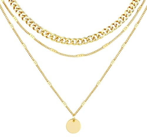 LOLIAS Goldkette Damen - 18k Gold, Wasserfest, Lange Ketten mit Anhänger, Doppel, Mehrreihig, Zarte Goldkette mit Rund Plättchen Schmuck