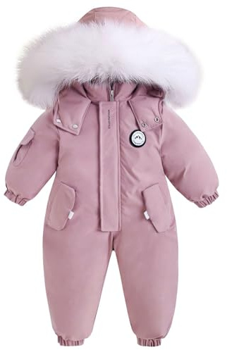BRONG Enfant Habit de Neige Barboteuse Garçons Combinaison de Ski Hiver Chaud Neige Toison Veste Étanche Amovible Col de Fourrure Coupe-Vent Tenues Rose 12-18 Mois