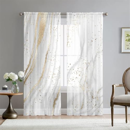 Hiseng Gardinen Vorhang Küche 2er Set Weiß Marmor Voile Vorhänge Halbtransparent Schiebegardinen Moderne Voile Vorhang Gardine für Wohnzimmer Schlafzimmer Fenster (Gold,132x137cm)