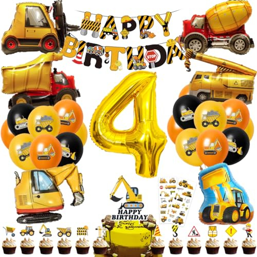 Cadimus Bagger Deko Kindergeburtstag 4, Geburtstagsdeko Junge, Baustelle Geburtstag Mit Happy Birthday Banner, Folienballons 4 Jahre alt und Kuchen Deko