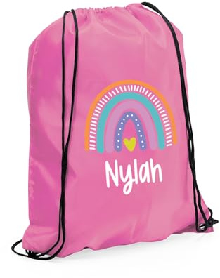 eBuyGB Personalised Rainbow Drawstring, Childs PE, Sports Day, Girls Swimming, Custom Name, Party Goodie, Primary School PE Kit (Light Pink)