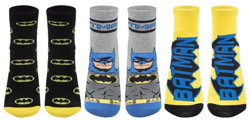 Paquete de 3 calcetines para niños con licencia oficial de Batman, elegantes, duraderos, suaves, cómodos, para el uso diario, ligeros, festivos, divertidos, para niños, calcetines de personajes de