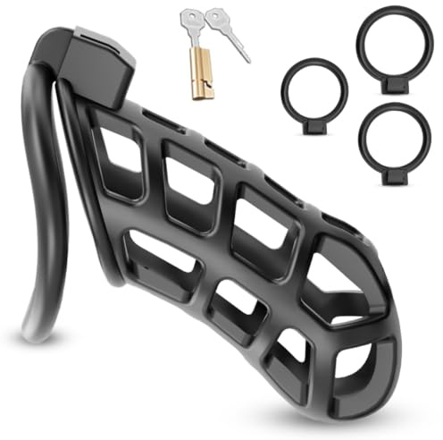 BDSMLOVE Chastity Cage with 3 Cockrings in Different Sizes, Cock Cage Male Chastity Device, Penis Cage with Invisible Lock, Adult Abstinence Penis Bondage Adult Sex Toy (XL)