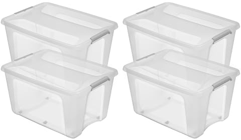Kreher® Aufbewahrungsbox mit Deckel (4x140L) Robuste Transportbox, Kleiderbox, Kunststoffbox mit Deckel und Rollen, Stapelbar, lebensmittelecht und BPA-frei! Aus Kunststoff in Transparent.