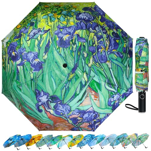Ucrinei Van Gogh Folding Umbrella, Travel Umbrella with Starry Night Design, Auto Open & Close - Portable Compact Umbrella - Lightweight & Packable for Women & Men (Irises)