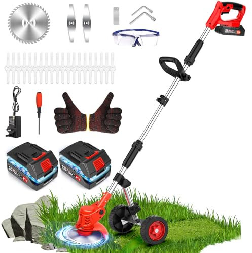 Decespugliatore a Batteria 21V, Tagliabordi a Batteria con 2 Batterie, 4 Tipi di Lame, Ruote Regolabili, Impugnatura Regolabile, Tubo Telescopico, Testa Girevole 90° per Giardino Potatura