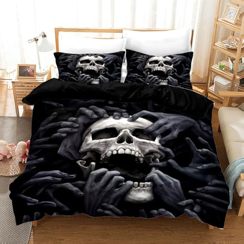 Set di biancheria da letto con teschio 220x240cm, set di biancheria da letto con stampa gotica del motivo del teschio nero, set di biancheria da letto in microfibra con chiusura lampo (A, 220x240cm)
