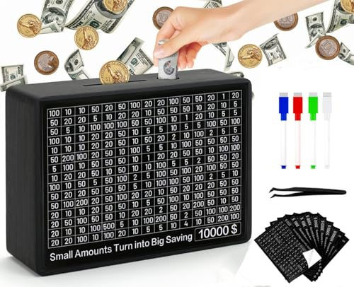 Money Saving Box, Piggy Bank Savings Challenge Box with 8 Goals for Adults & Kids,One Piece Cash Vault Wooden Money Savings Box Money Bank for Coin & Cash Vault, for Grandkids