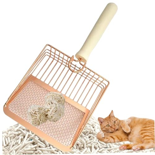 Katzenstreu Schaufel, 4mm Gitter & 8mm Stangenstreu Schaufel, 5x5,5 Zoll großer Katzenstrauder Schaufel mit Holzgriff, Easy Waschholz Metall Katze Katzentrupps Schaufel mit Haken für Katzenbesitzer