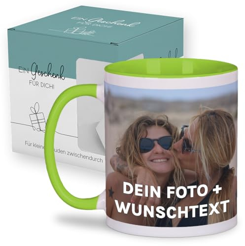 Personalisierte Tasse | personalisiert mit Foto oder Text | Tasse mit Bild | Geschenkidee | Fototasse | Bürotasse oder für Zuhause | Spülmaschinenfest | Grün mit Geschenkkarton Geschenk
