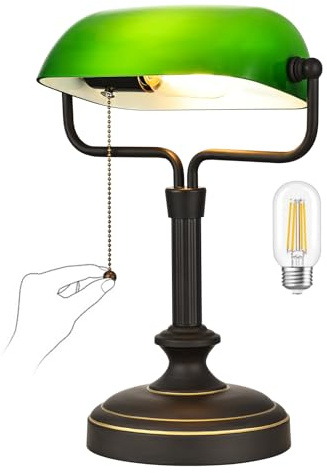 LOFOB Classic Banker's Desk Lamp, Green Glass Shade, Antique Black Base, 60W Max, Pull Chain Switch