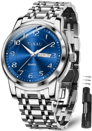 Taxau Klassische Herren Armbanduhr mit Edelstahlarmband, Analoge Quarz Uhr für Herren, 30M Wasserdicht mit Kalender, Elegante Business Uhr für Freizeit und Beruf