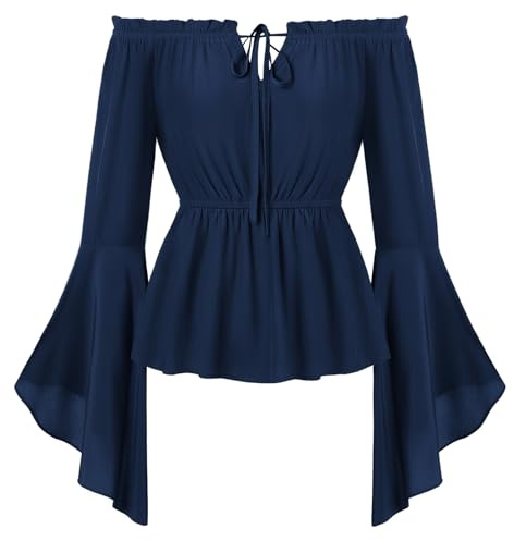 Skarlet mörker kvinnor medeltida blus axellös långärmad renässans traditionell blus elastisk midja toppar, Marinblå, XXL