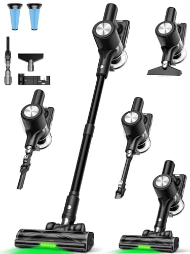 SUXIANGVAC Akku Staubsauger 48KPa/500W/55Mins, Staubsauger Kabellos mit Wandmontierte Ladestation, Selbststehende, Anti Tangle Bürste, fürTierhaare/Teppiche
