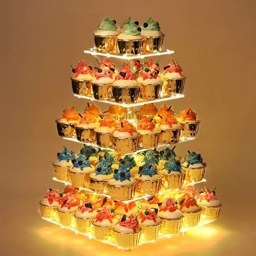 Kensbro 5 Etagen Cupcake Ständer, Hochzeitstortenständer mit LED Licht, Groß Quadrat Torten Etagere Acryl für Hochzeiten, Geburtstage und Partys