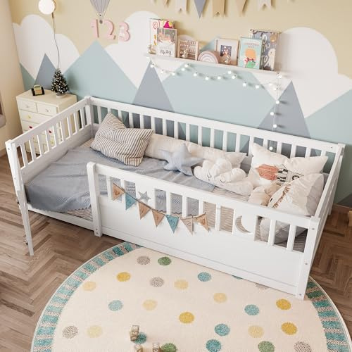 Cama de 90 x 190 cm, cama infantil con somier con rejilla, decoración de estrellas y lunas, sin colchón, estilo minimalista, color blanco