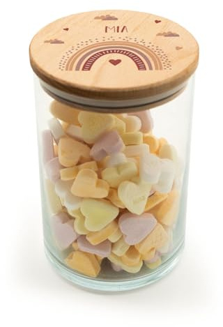 GRAVURZEILE Vorratsglas mit bedrucktem Holzdeckel - Regenbogen Rot - Personalisiert mit Name & Datum - Keksdose Bonbonglas mit Deckel - Vorratsdose - Geschenk für Kinder - 880 ml