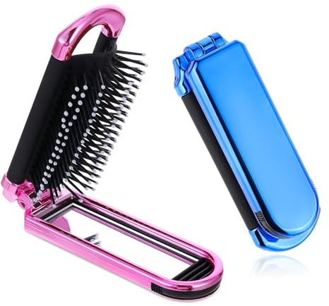 2-Pack Folding Hair Brushes with Detachable Mirror, Gradient Color Portable Travel Hairbrush for Women and Teens, Compact Purse Brush for Travel, Gym, Work, and Daily Use
