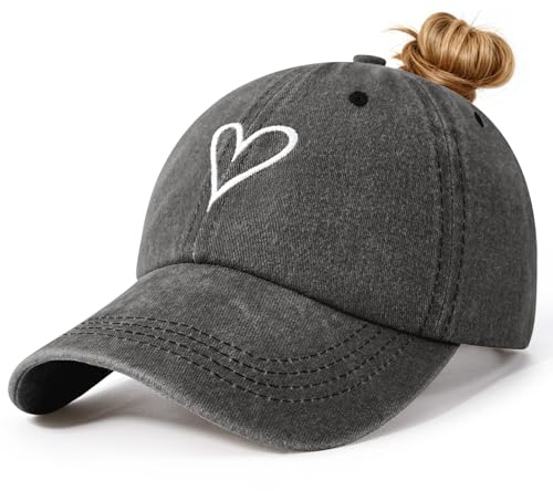 Voqeen Damkeps med Fläta Hål Sommarkäppa Justerbar Basecap Bomull Vintage Baseballkeps med Broderi Andningsbar Cappy Utomhus Skärmmössa, A-svart, one size