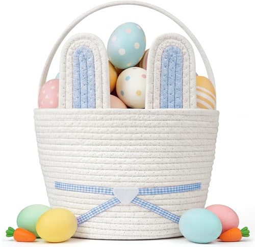 Easter Basket, Woven Easter Bunny Basket with Handle, Empty Gift Baskets Easter Egg Hunt Basket, First Easter Basket Easter Bucket with Detachable Ears for Girls Boys Teens (Blue White)
