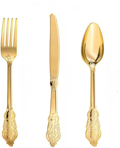 30-teiliges Vintage-Plastikbesteck-Set,Wiederverwendbares Partybesteck,10 Messer,10 Gabeln,10 Löffel,Mehrweg Partygeschirr,Goldenes Besteck-Set für Abendessen,Hochzeiten,Geburtstage,Partys (Gold)